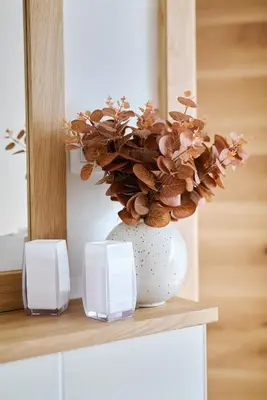 a vase with a plant in it on a shelf at Mozirje Comfort Apartments in Mozirje