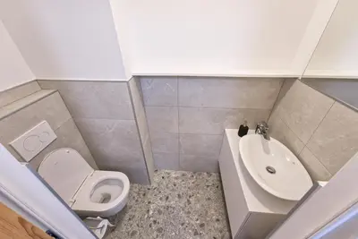 a small bathroom with a toilet and a sink at House Elipsa in Bovec