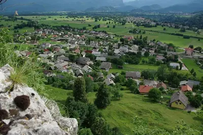 a small village in a green field with houses at Cottage Žirovnica in Žirovnica