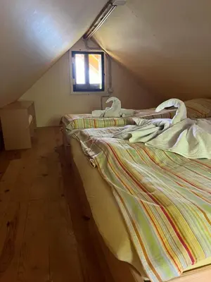 two beds in a room with a attic at Cottage Žirovnica in Žirovnica