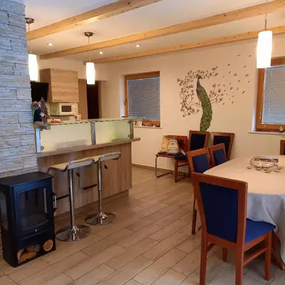 a kitchen and dining room with a table and a fireplace at Hiša Lunna - Apartments in a Forest Paradise in Vitanje