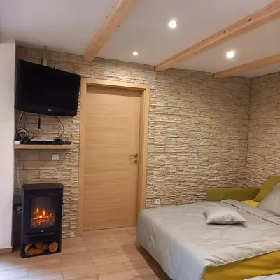 a bedroom with a bed with a fireplace and a television at Hiša Lunna - Apartments in a Forest Paradise in Vitanje