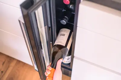 a person is holding a bottle of wine in a refrigerator at Apartma Zeleni Biser in Bovec