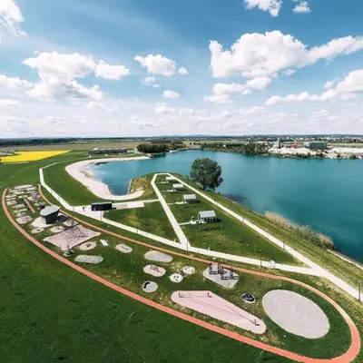 an aerial view of a park next to a body of water at Goričko view house in Križevci