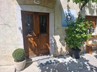 a wooden door on a building with two potted plants at Apartma Ježevi in Sežana