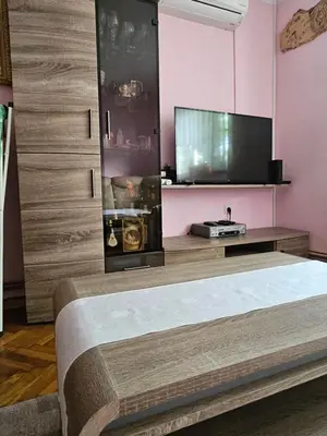 a bedroom with a bed and a flat screen tv at Apartma Cipresa in Rogatec