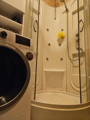 a shower with a glass door next to a washing machine at Apartma Cipresa in Rogatec