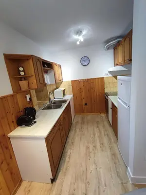 a kitchen with wooden cabinets and a sink at Apartma Mirko in Bovec