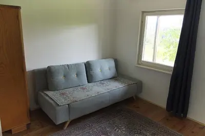 a blue couch in a room with a window at Vila Zora in Dobrna