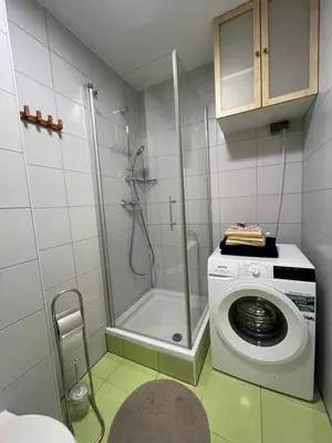 a bathroom with a shower and a washing machine at Oasis Atrium Apartment with free parking in Ljubljana