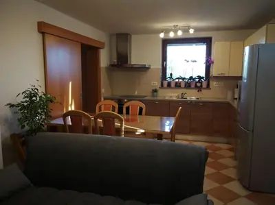 a kitchen with a table and chairs and a refrigerator at Snoopy House in Žužemberk