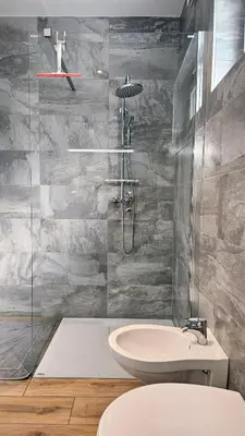 a bathroom with a shower and a toilet and a sink at Apartment MoiRai in Gračišče