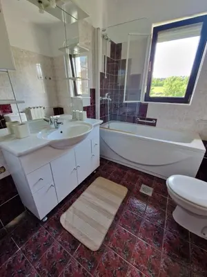 a bathroom with a sink and a tub and a toilet at Apartma Mihatovi in Pivka