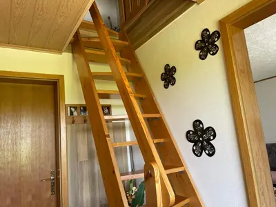 a wooden staircase in a room with a wall at Hiška Tilia in Loče pri Poljčanah