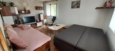 a living room with a couch and a television at Hiška Tilia in Loče pri Poljčanah