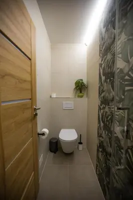 a bathroom with a toilet and a wooden door at Hiša TRELC- sobe in Komenda