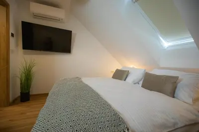 a bedroom with a bed with a tv on the wall at Hiša TRELC- sobe in Komenda