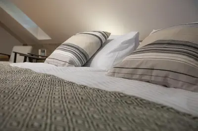 a bed with two pillows and a blanket at Hiša TRELC- sobe in Komenda