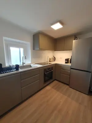 a kitchen with a white refrigerator and a sink at Apartment Ledince in Most na Soči