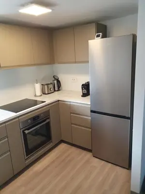 a kitchen with a stainless steel refrigerator and cabinets at Apartment Ledince in Most na Soči