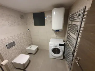 a bathroom with a washing machine and a toilet at Apartment Ledince in Most na Soči