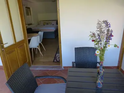 a vase of flowers sitting on a table with two chairs at Holiday home in Dragatus - Kranjska (Krain) 50798 in Dragatuš
