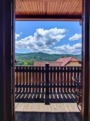 a view from the porch of a cabin with a view at Vineyard cottage Kralj in Uršna Sela
