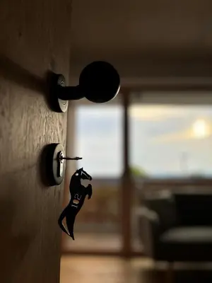 a door handle with a key in a room at Tourist Farm HOTEL FROST in Maribor