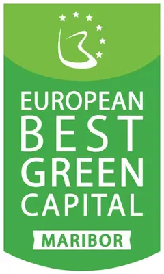 a green sign with the words european best green capital marriott at Tourist Farm HOTEL FROST in Maribor