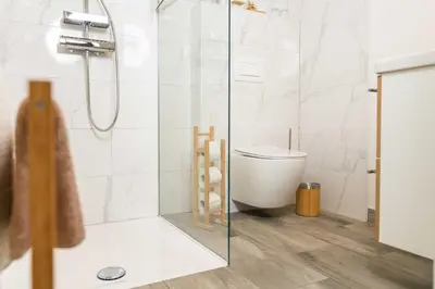 a bathroom with a shower and a toilet at Studio Maria with Free Parking in Bohinj