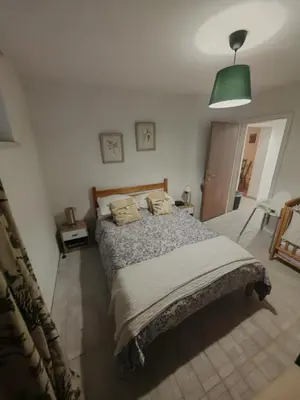 a bedroom with a bed and a green lamp at Apartma Oreh Vila Ziba in Bohinj