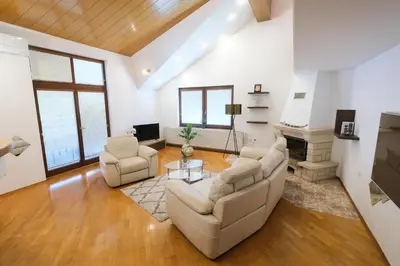 a living room with two couches and a fireplace at Hiša Perla in Boštanj