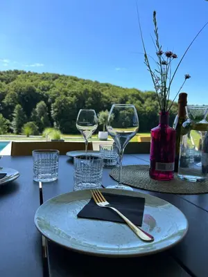 a table with a plate and wine glasses on it at Midnight Villa in Cerkvenjak