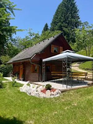 a log cabin with a table and an umbrella at Cottage Ladybug in Mojstrana