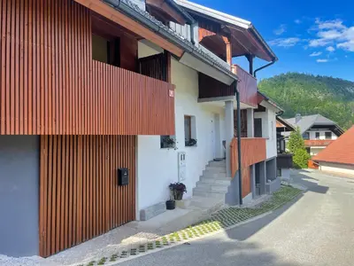 a house with wooden panels on the side of it at Bijol Apartments in Bled