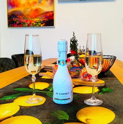 a bottle of wine and two glasses on a table at Relax apartment Ljubljana in Ljubljana