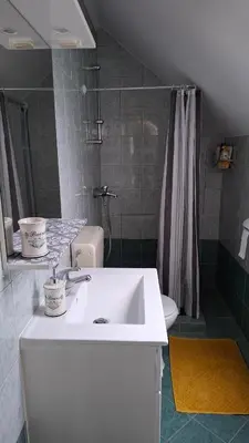 a bathroom with a white sink and a shower at Apartma Harmonia with parking in Bled