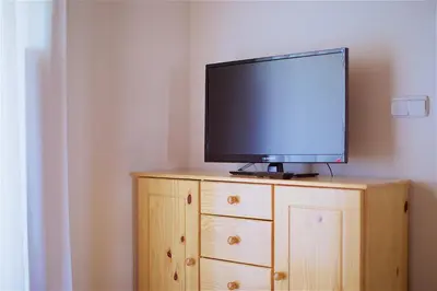 a flat screen tv sitting on top of a wooden dresser at Tourist Farm Apartments Lovrec in Jiršovci
