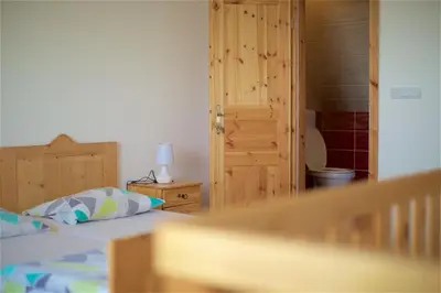 a bedroom with a bed and a door to a bathroom at Tourist Farm Apartments Lovrec in Jiršovci