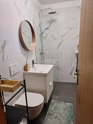 a bathroom with a toilet and a sink and a mirror at Avrora House FREE parking in OLD TOWN in Ljubljana