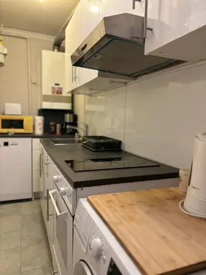 a kitchen with a stove and a counter top at Avrora House FREE parking in OLD TOWN in Ljubljana