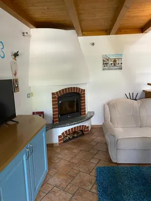 a living room with a fireplace and a couch at Apartma CASA CELESTE in Renče