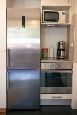 a stainless steel refrigerator in a kitchen with a microwave at The Elegant Retreat in Ljubljana