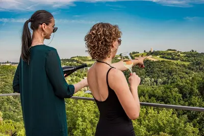 two women standing on top of a tower with a glass of wine at Wellness Počitniška hiša Manja in Ljutomer