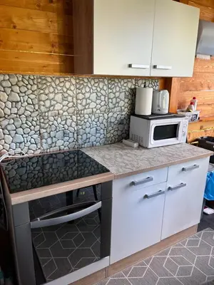 a kitchen with a counter top with a microwave at Mobile home T&N - Camp Velenje in Velenje