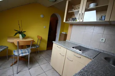 a kitchen with a table and a counter top at Apartments at Gostilna Martin in Trbovlje