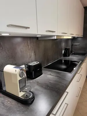 a kitchen counter with a toaster and a sink at Holiday home Ana in Fokovci