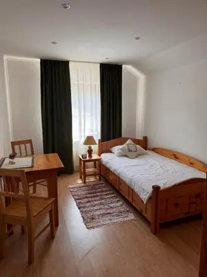 a bedroom with a bed and a desk and a window at Holiday home Ana in Fokovci