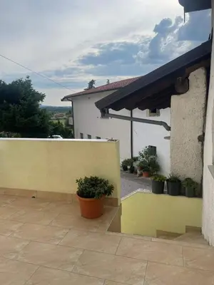 a house with a yellow wall and potted plants at Apartma SAAAN in Šempas