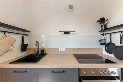 a kitchen with a sink and a counter with pots and pans at Cosy and Bright Apartment in Ljubljana